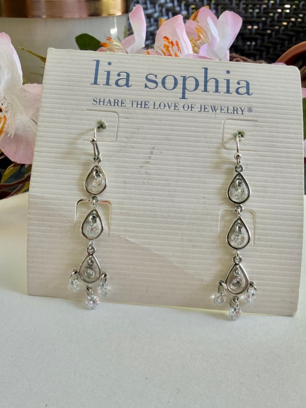 🐼 Lia Sophia Silver Teardrop Dangle Earrings with Clear Crystals #0129